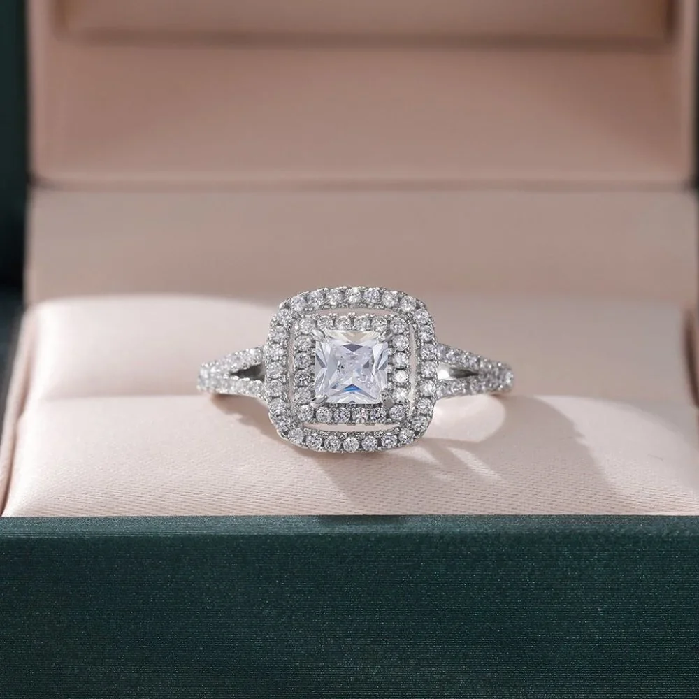 😍PRINCESS CUT 14K WHITE GOLD PURE CZ SQUARE BEAUTIFUL LUXURY WEDDING RING, K904